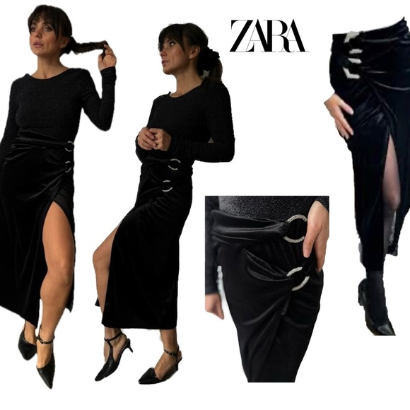 Zara black velvet midi wrap skirt slit side ruching crystal rhinestone buckles M